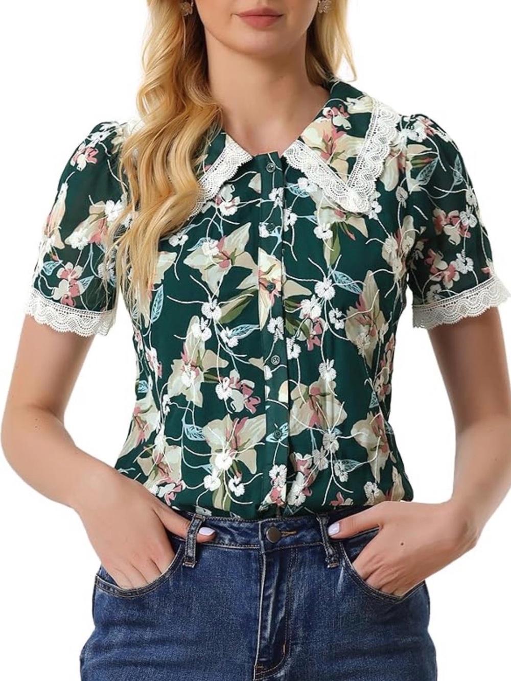 Allegra K Green Floral Lace Collar Short Sleeve Blouse